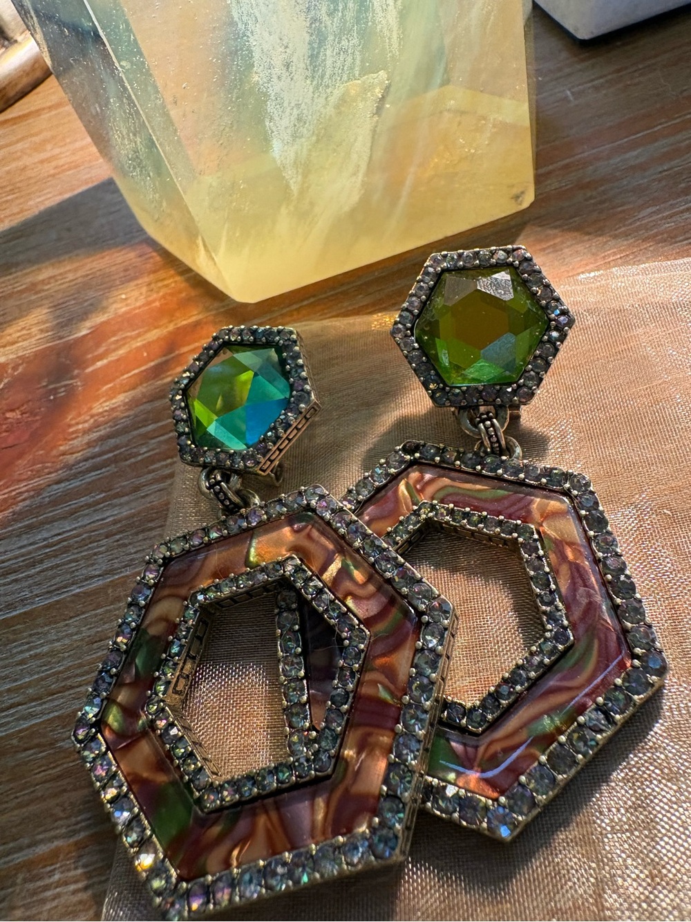 Heidi Daus Iridescent Green and Multicolor Hexagon Drop Earrings - NIB